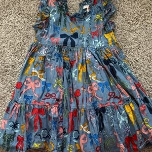 Pink Chicken Girls Blue Tiered Dress with Multicolor Bow Print